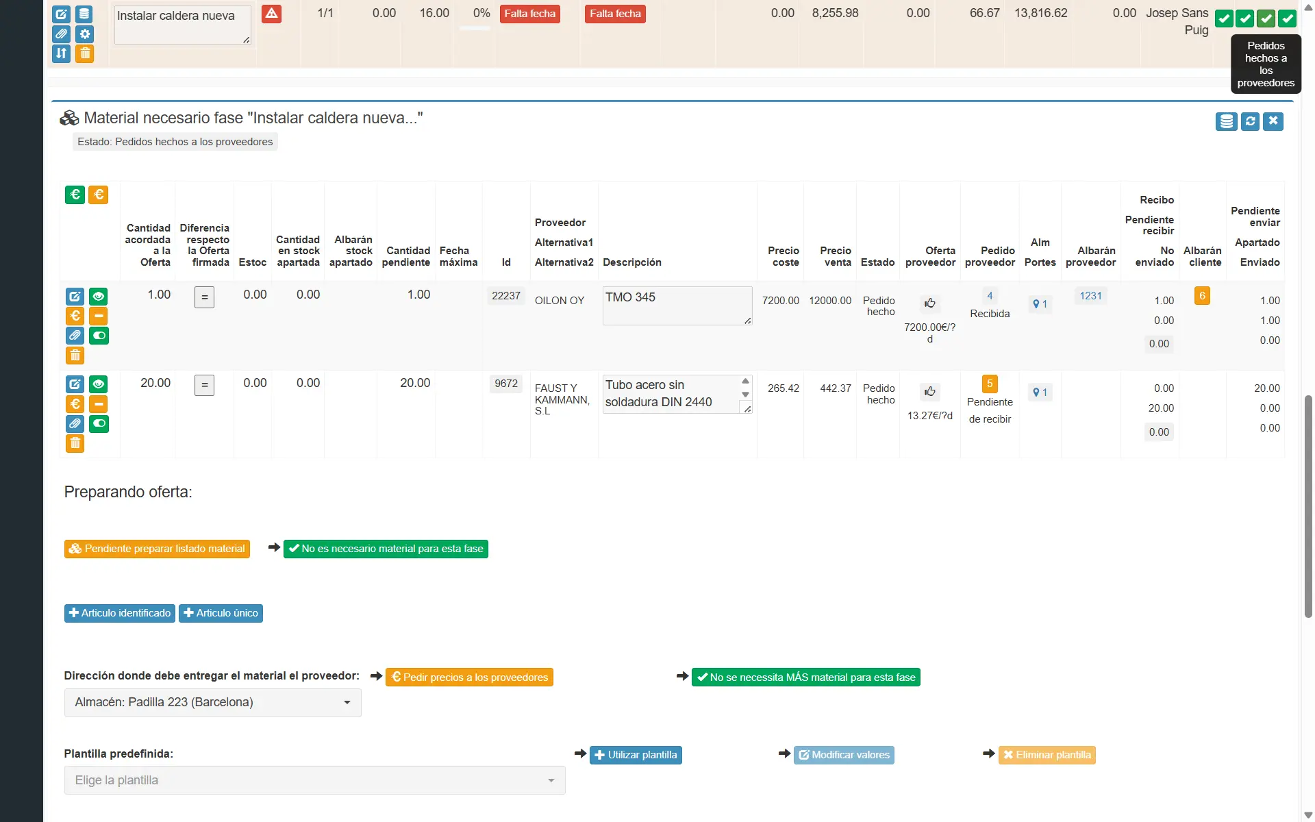 Captura: listado de material necesario de la fase